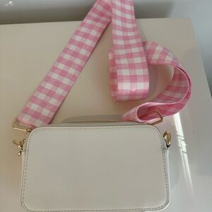 Ah-Dorned White Crossbody Bag with Pink Gingham Strap